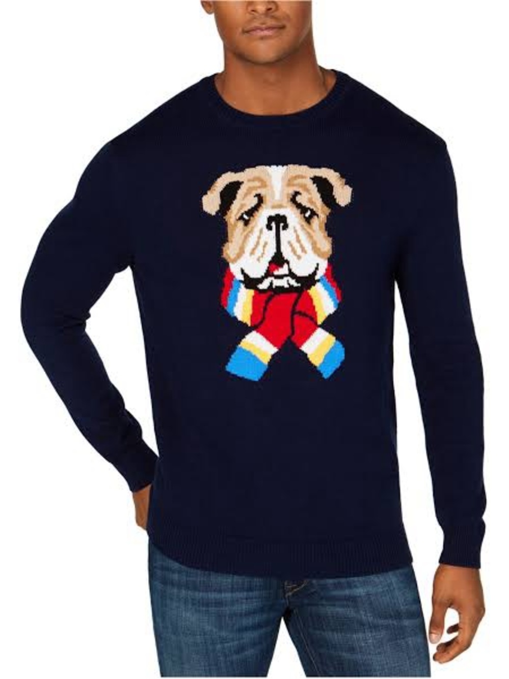 Club Room Men’s Size Small Navy Blue 100% Cotton Bulldog Scarf Knit Sweater